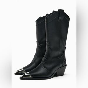 Zara Black Leather Western Heeled Boots with Silver Toe Caps